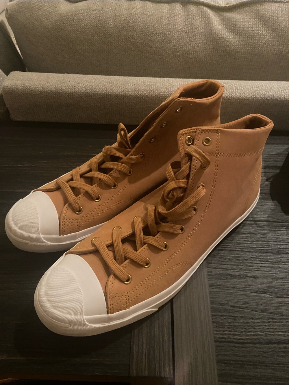 Converse Jack Purcell High-Top Sneakers in Tan with White Toe Cap Men’s 13